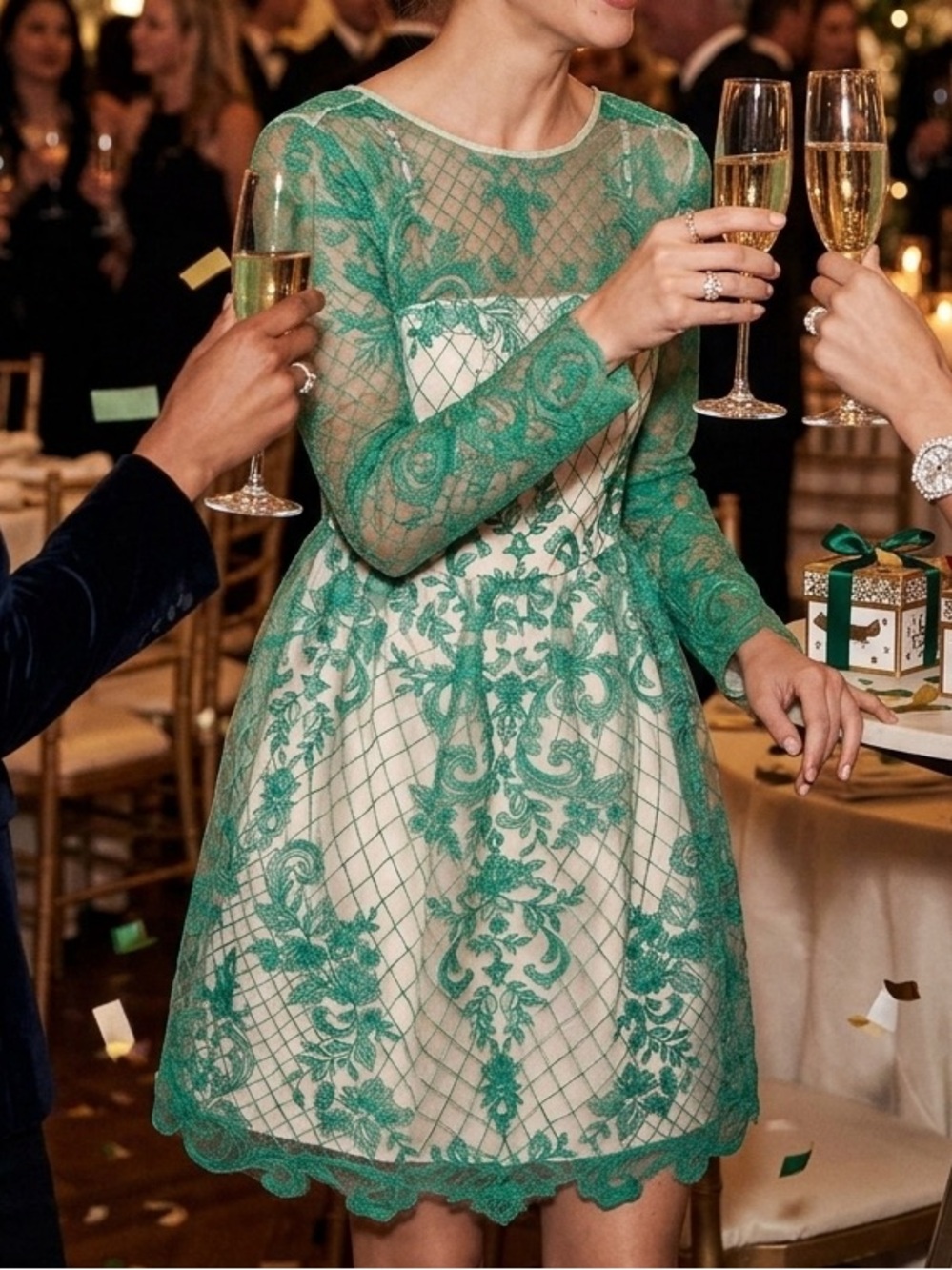 NWT ML Monique Lhuillier Calypso Green Lace Illusion Mini Dress 8